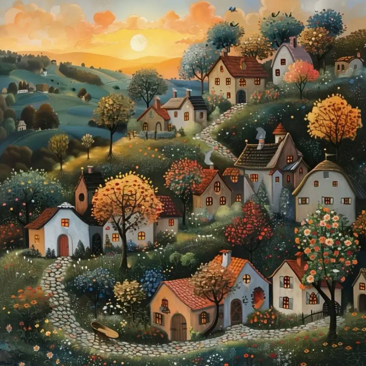 Betoverend Dorp bij Zonsondergang 25x25cm (Morgen in huis) Diamond Painting Planet