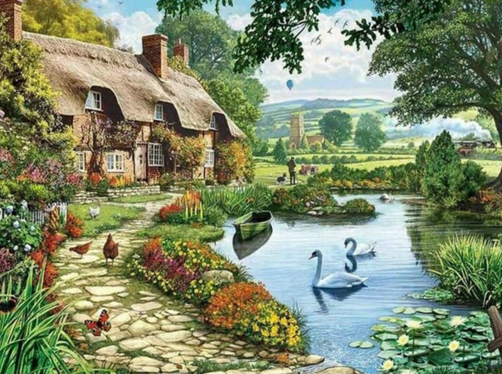 Huisje aan meer Diamond Painting Planet