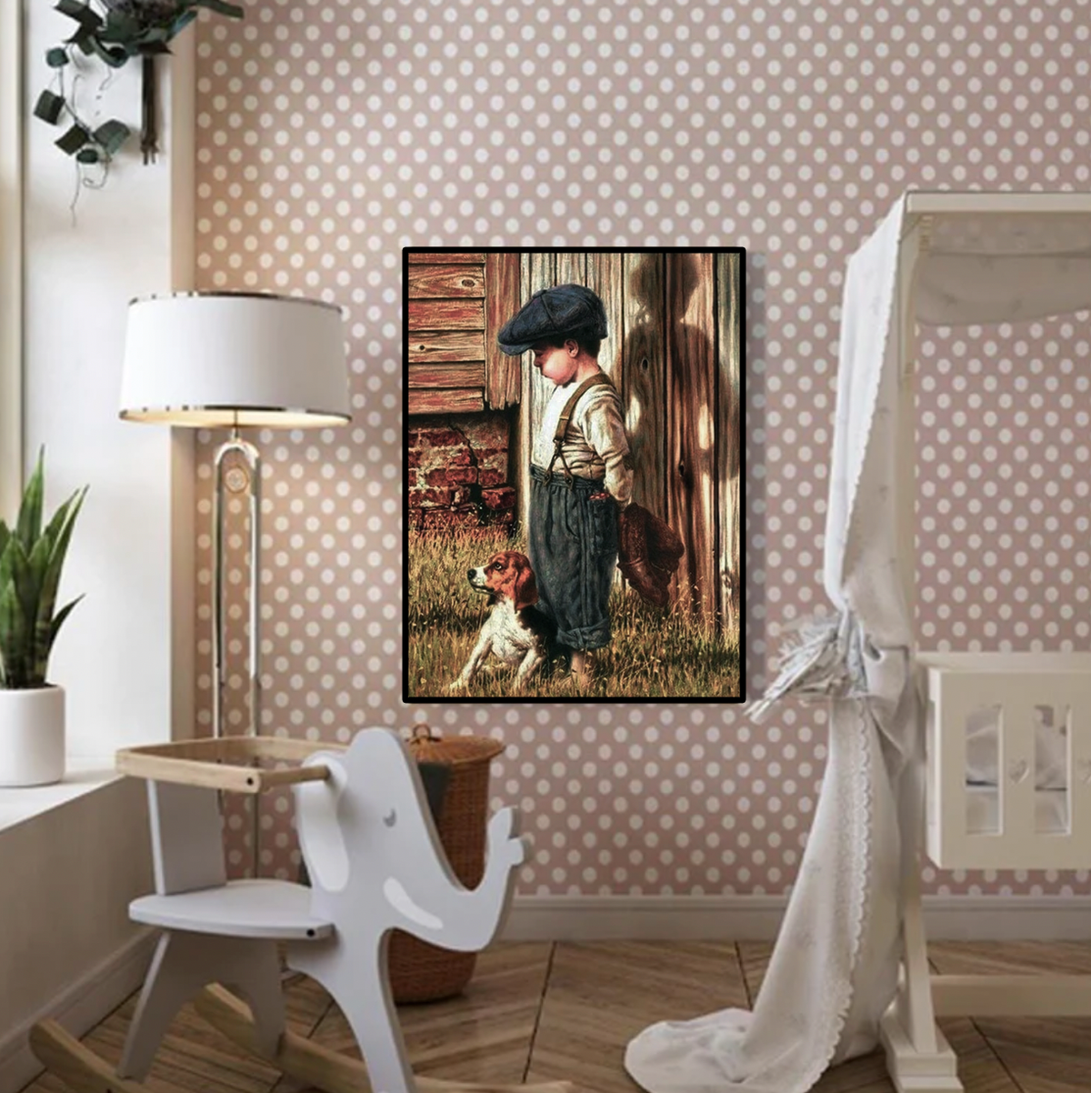 Vintage jongen met hond 25x30cm (Morgen in huis) Diamond Painting Planet