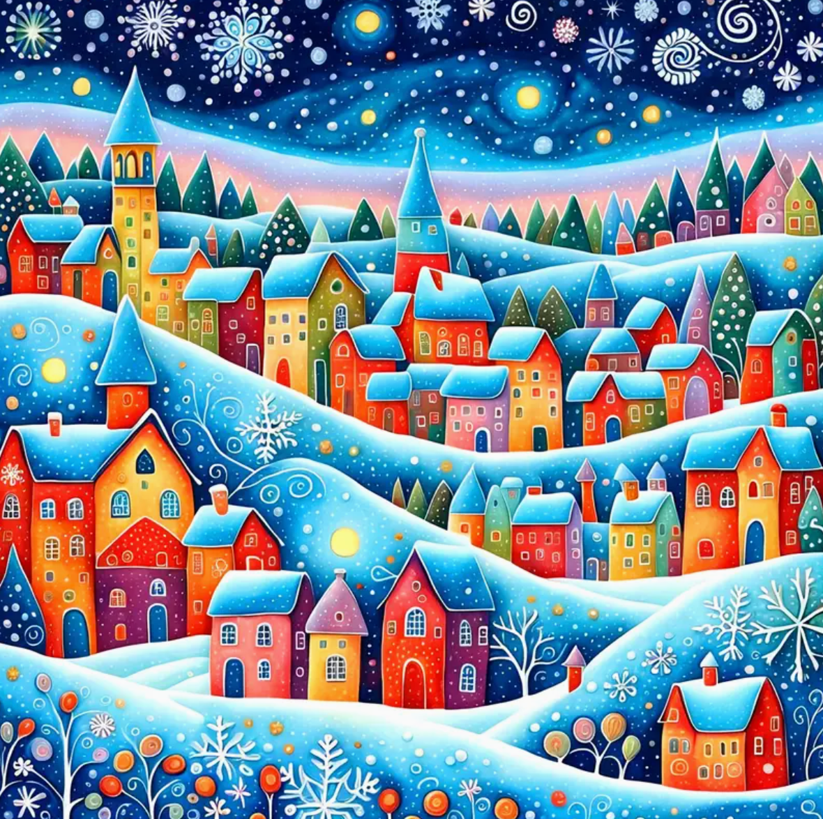 Kleurrijke Winterdorp 35x35cm - Morgen in huis Diamond Painting Planet