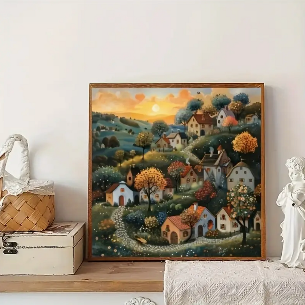 Betoverend Dorp bij Zonsondergang 25x25cm (Morgen in huis) Diamond Painting Planet