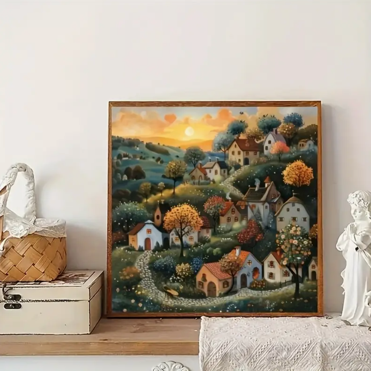 Betoverend Dorp bij Zonsondergang 25x25cm (Morgen in huis) Diamond Painting Planet