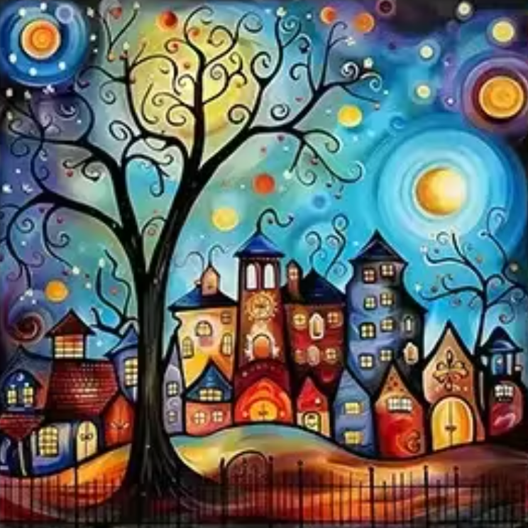 Magisch Nachtdorp Diamond Painting 25x25cm (Morgen in huis) Diamond Painting Planet