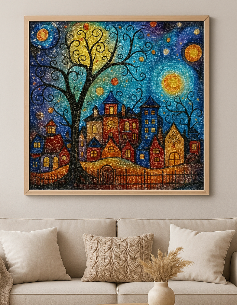 Magisch Nachtdorp Diamond Painting 25x25cm (Morgen in huis) Diamond Painting Planet