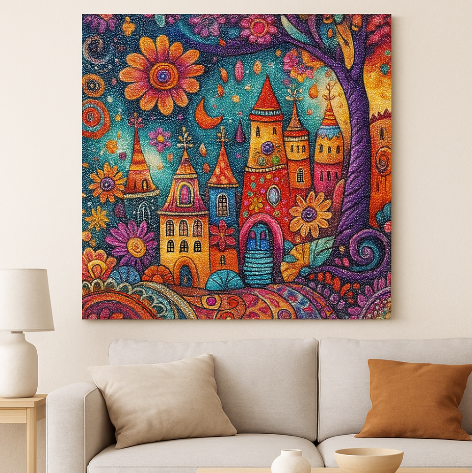 Magisch Kleurenrijk Droomdorp 25x25cm (Morgen in huis) Diamond Painting Planet