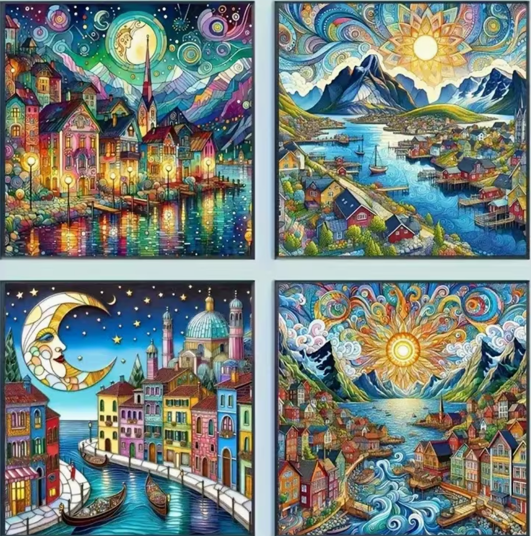 Set van 4 Magische Diamond Paintings (Morgen in huis) Diamond Painting Planet