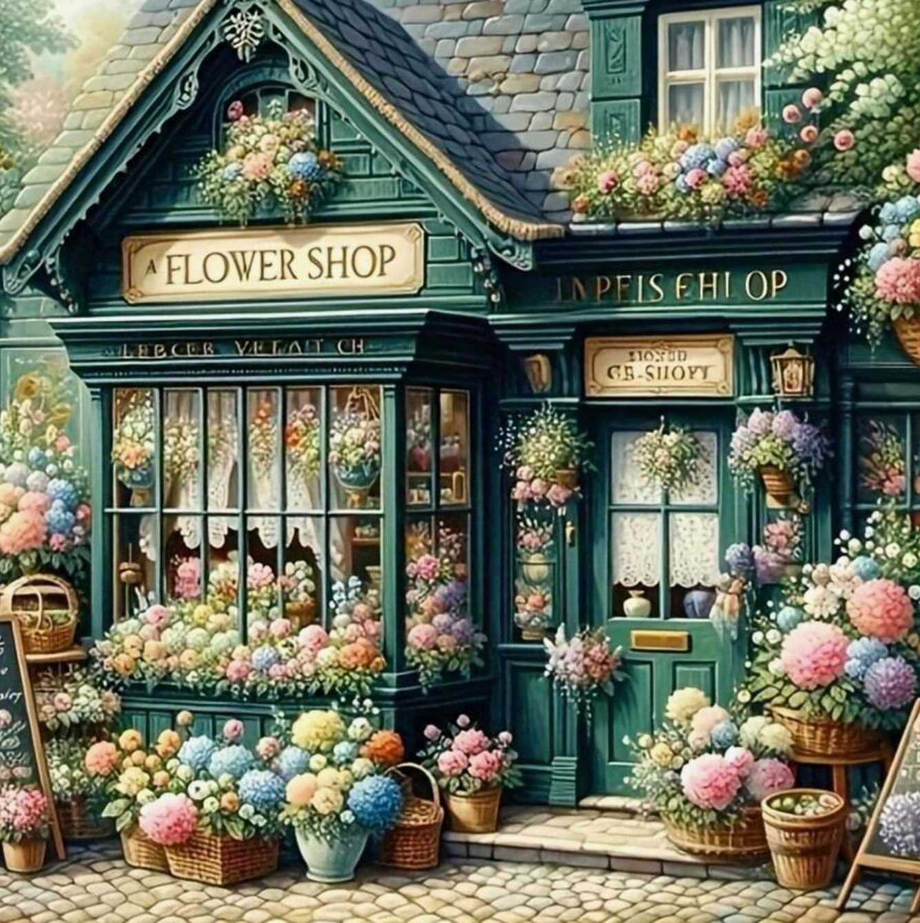 Romantische Bloemenwinkel 45x45cm (Morgen in huis) Diamond Painting Planet