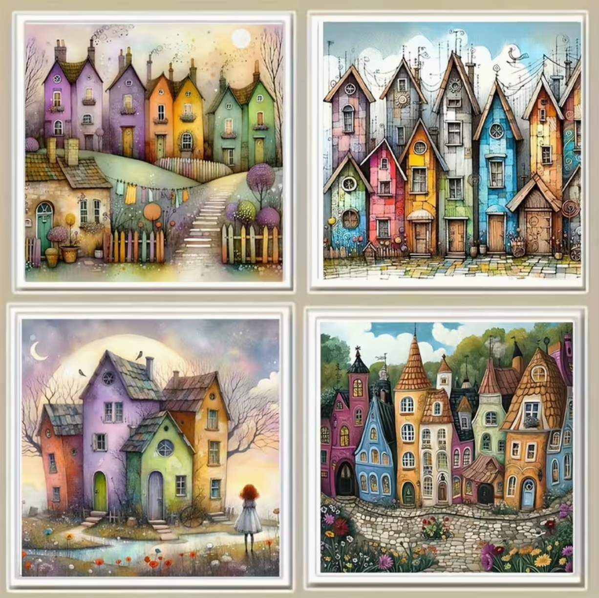 Kleurrijk Dorp – Set van 4 Diamond Paintings (Morgen in huis)