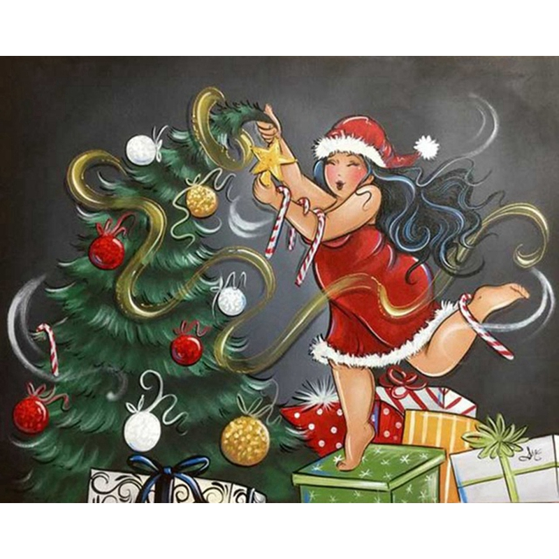 Dikke Dame versiert kerstboom Diamond Painting Planet